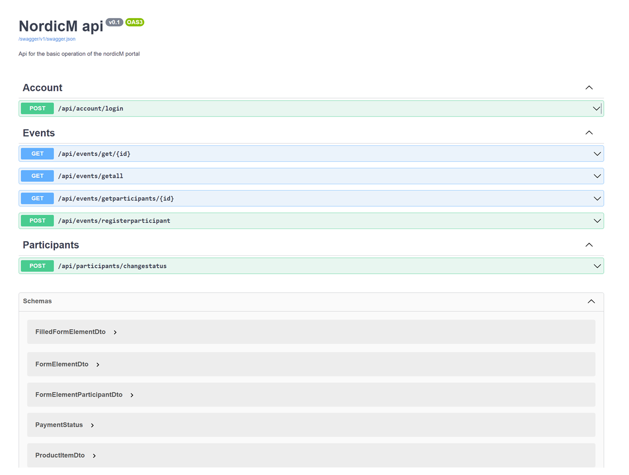 NordicM API v0.1 — endepunkter for Account, Events og Participants i Swagger-grensesnitt