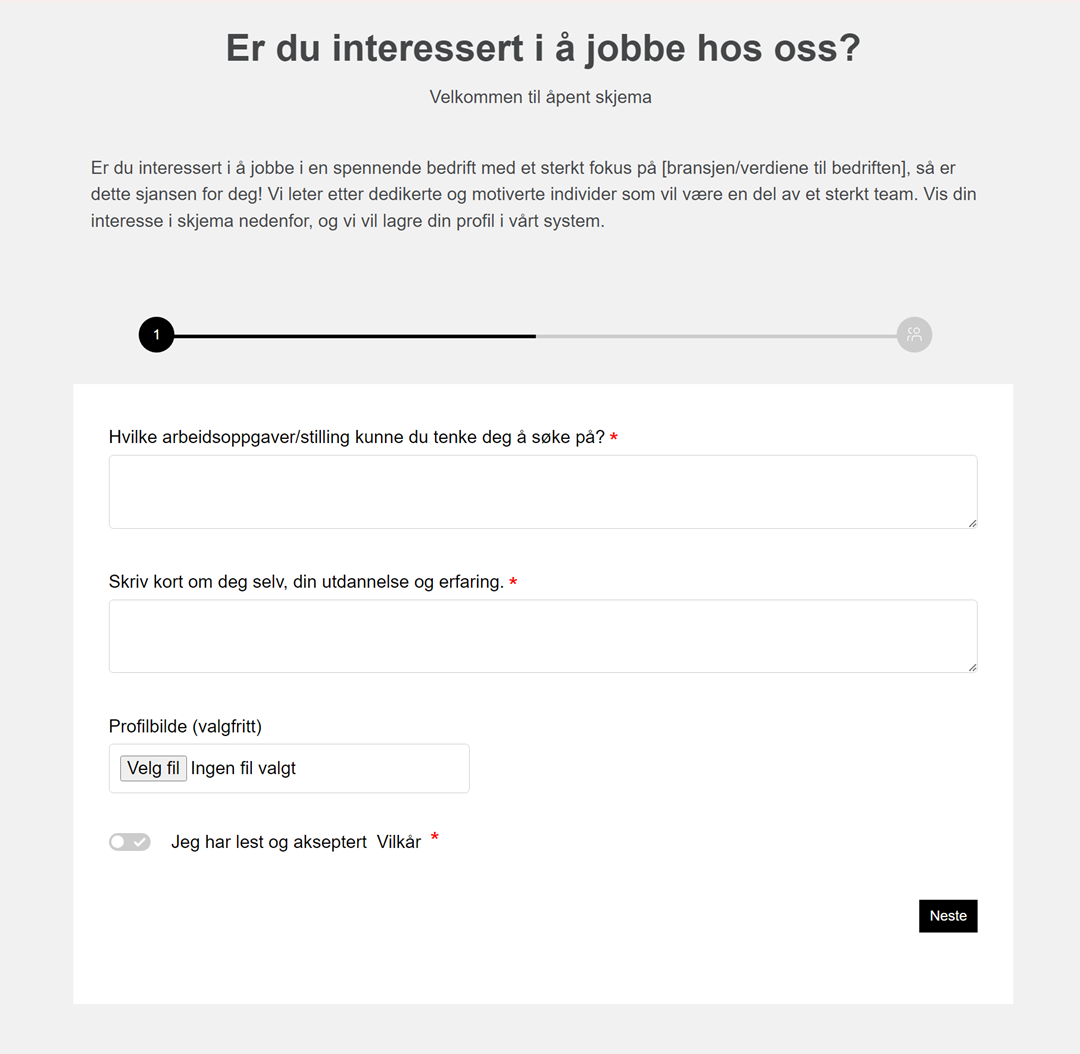 Søknadsskjema 'Er du interessert i å jobbe hos oss?' — tekstfelt, profilbilde og vilkår