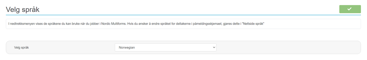 Velg språk i NordicM admin-panel — nedtrekksmeny med 11 språkalternativer