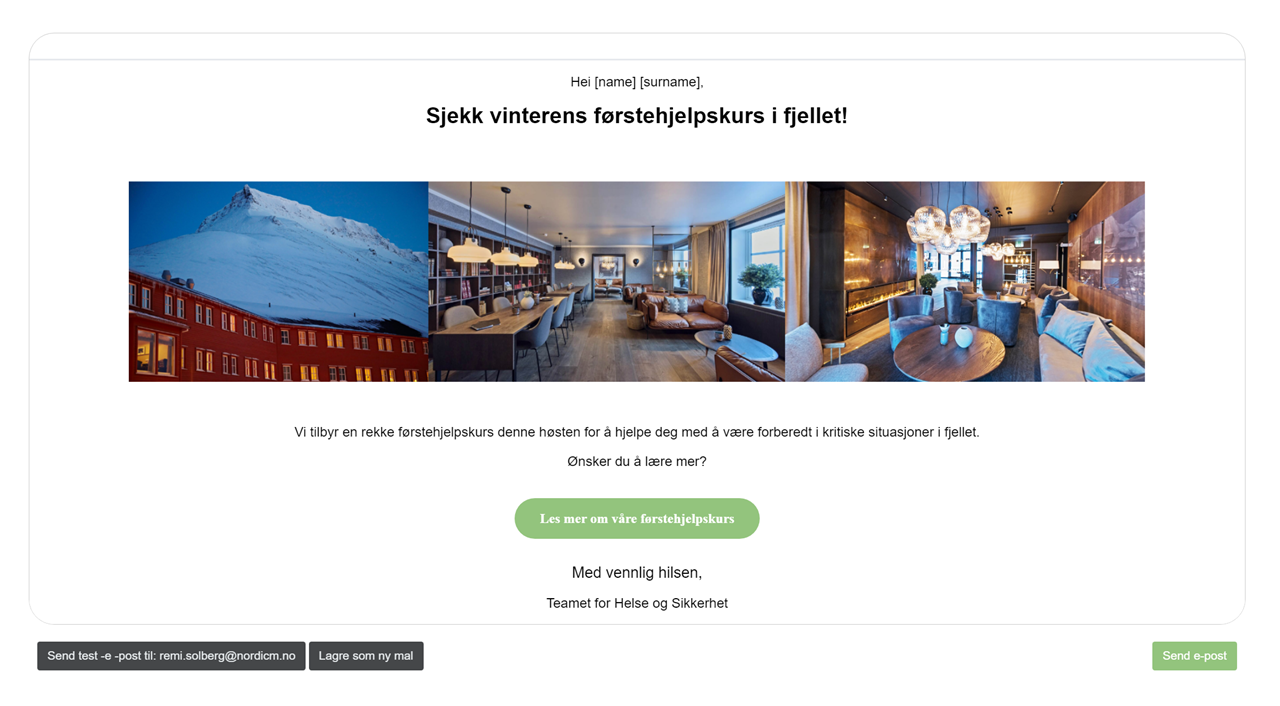 Eksempel på utsendt e-post — personalisert hilsen, header-bilde, brødtekst, knapp og signatur