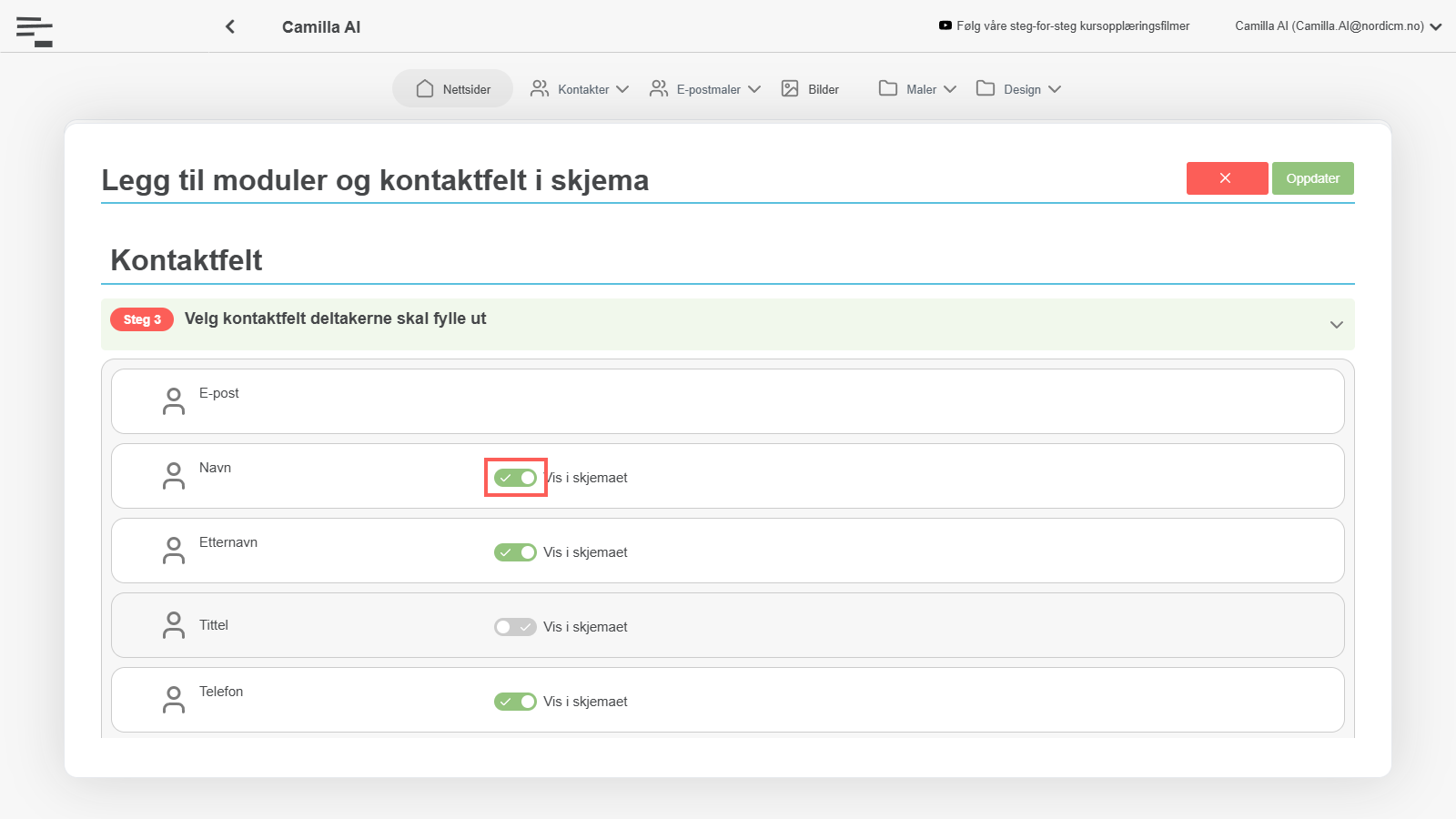 Velg kontaktfelt